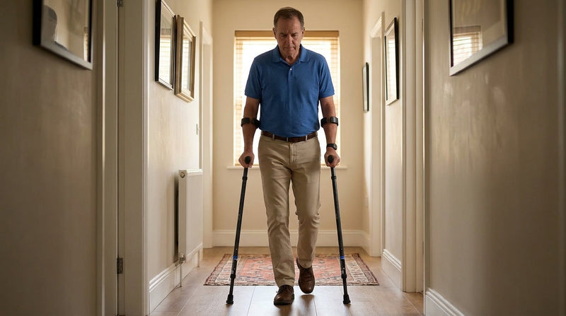 Man using 4-point gait technique on In-Motion forearm crutches, one crutch advanced with the opposite foot mid-step