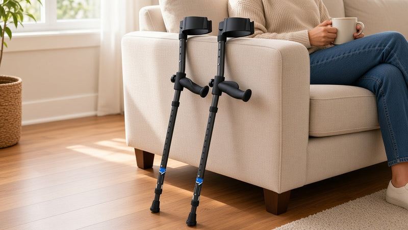 A pair of charcoal in-Motion forearm crutches leaning against a sofa arm in a bright living room while a person sits nearby with a mug (AI-generated image)