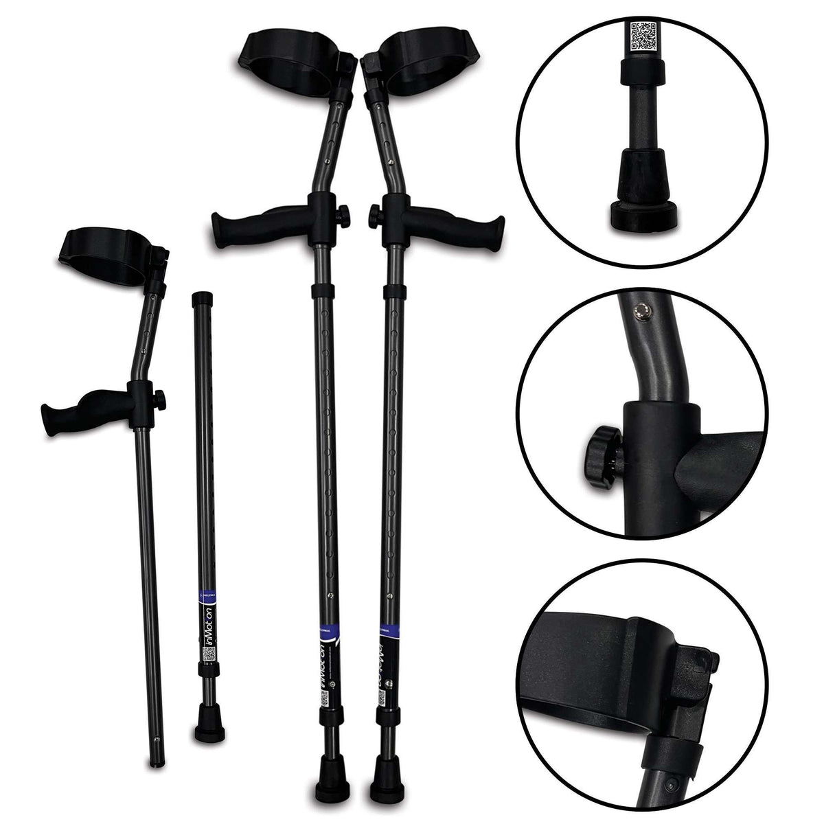 Adjustable forearm crutches with ergonomic handles and tips.