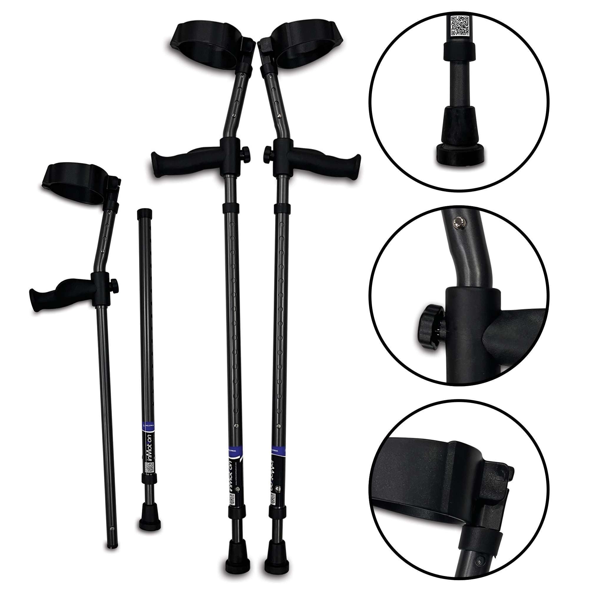 Adjustable forearm crutches with ergonomic handles and tips.