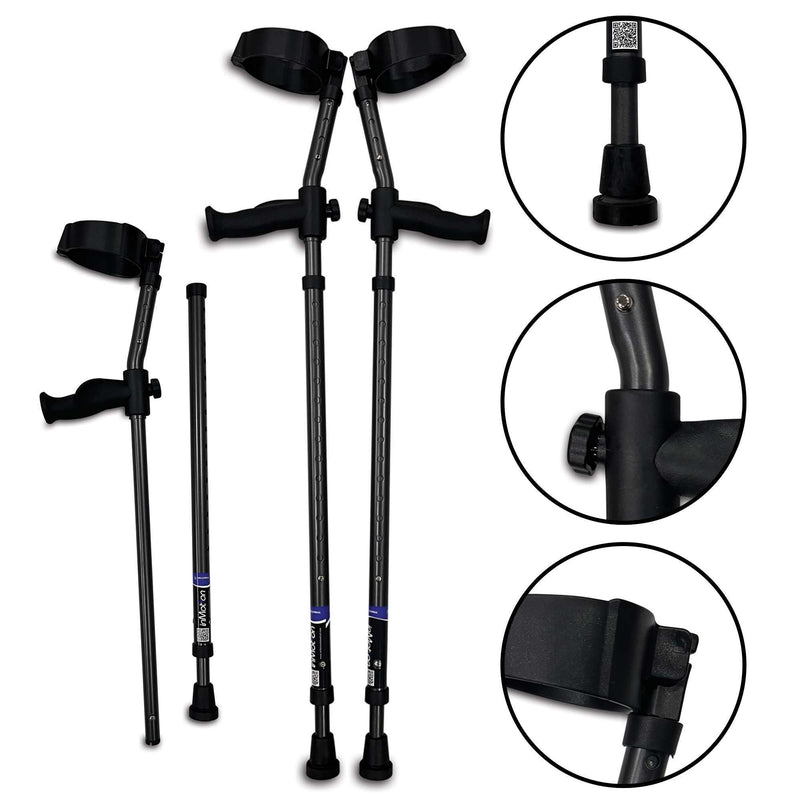 Adjustable forearm crutches with ergonomic handles and tips.