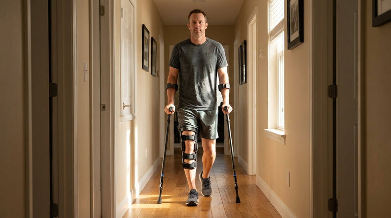Man using 3-point gait technique on In-Motion forearm crutches in a sunlit home hallway