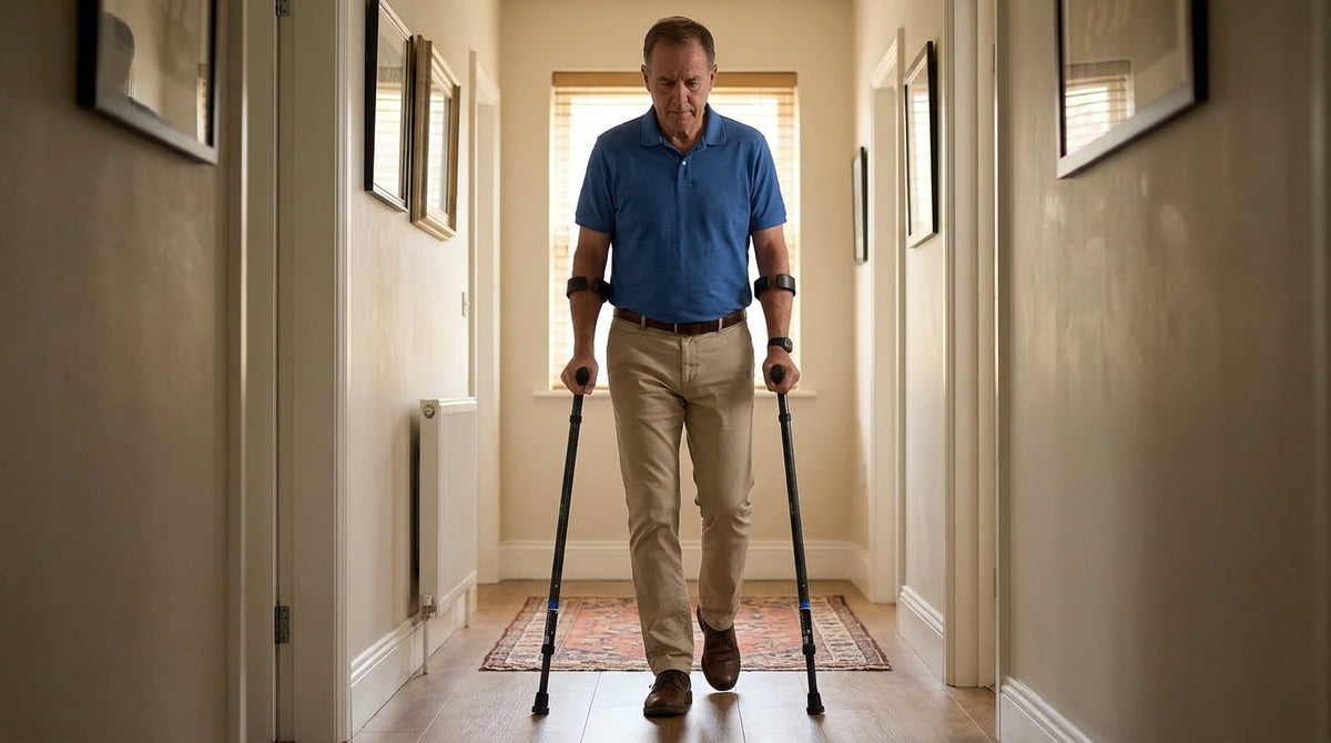 Man using 4-point gait technique on In-Motion forearm crutches, one crutch advanced with the opposite foot mid-step
