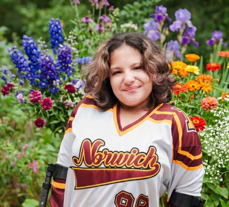 Person in hockey jersey with colorful flowers background.