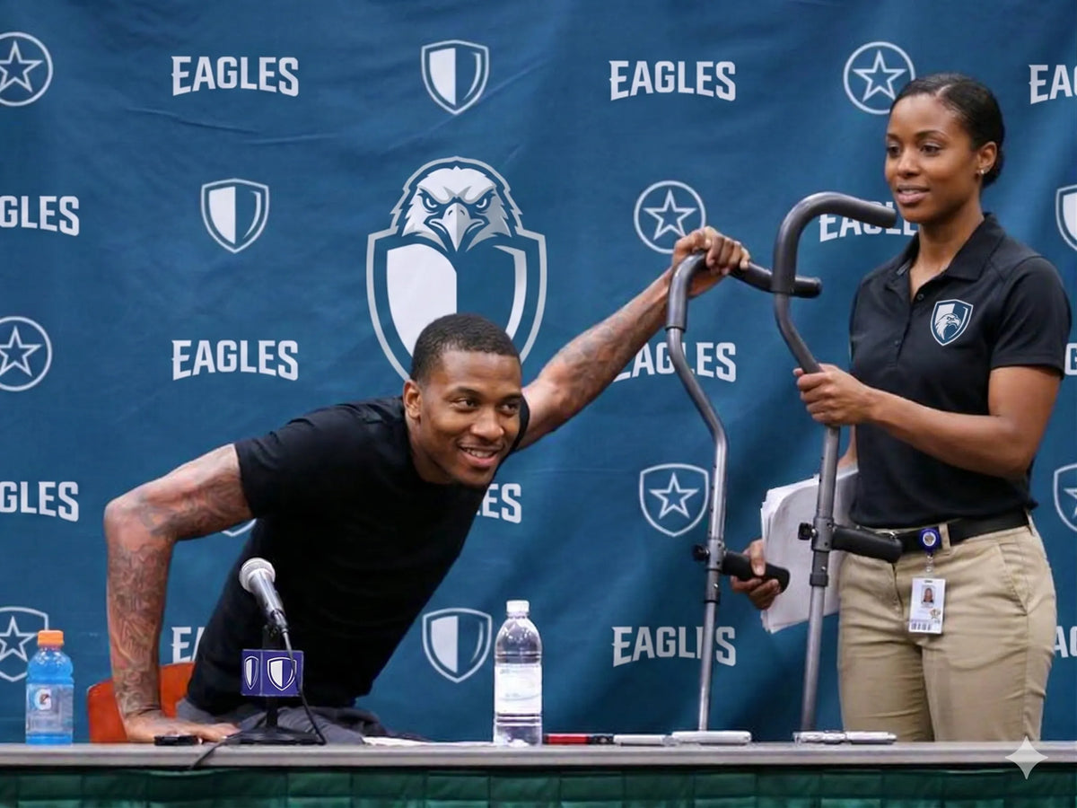 Smiling athlete with crutches at press conference