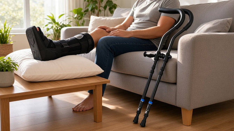 Pair of black in-Motion underarm crutches leaning against a couch in a bright living room, with a person in a walking boot resting nearby (AI-generated image)