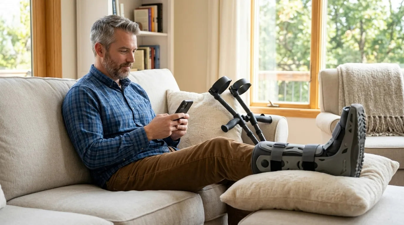 Man with leg brace using smartphone on couch