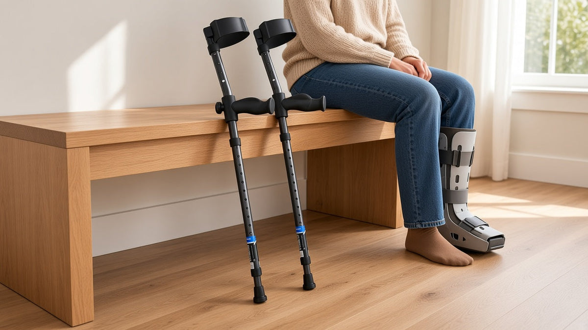 A pair of black forearm crutches leaning against a wooden bench beside a seated person in a walking boot, tips resting on a wood floor (AI-generated image)
