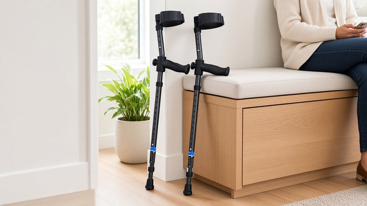 Pair of in-Motion forearm crutches leaning against a wall next to a bench where a person sits, shown from the shoulders down (AI-generated image)