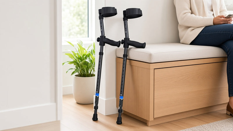 Pair of in-Motion forearm crutches leaning against a wall next to a bench where a person sits, shown from the shoulders down (AI-generated image)