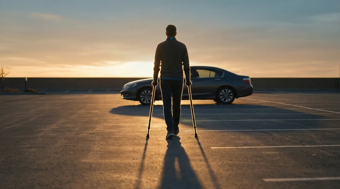 Man driving on crutches after leg surgery, standing beside his car with in-Motion forearm crutches
