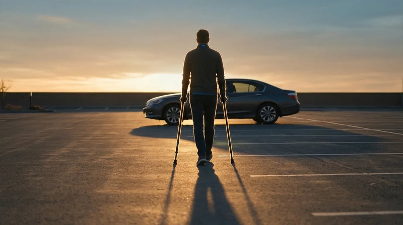 Man driving on crutches after leg surgery, standing beside his car with in-Motion forearm crutches