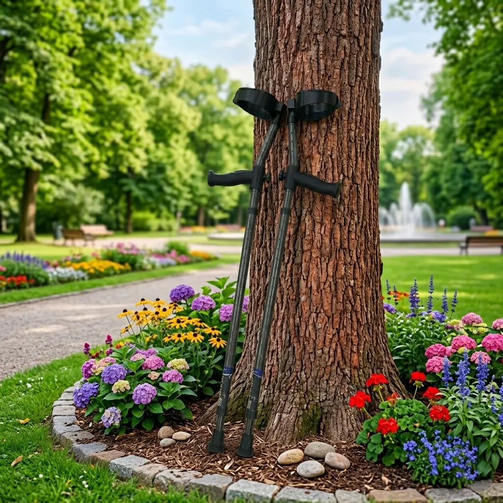 Crutches leaning on tree in colorful park garden.
