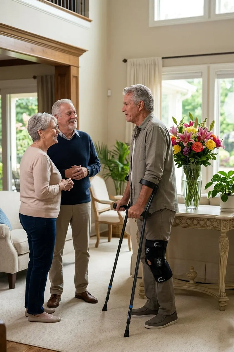 Older patient using ergonomic crutches and walking comfortably during knee replacement recovery