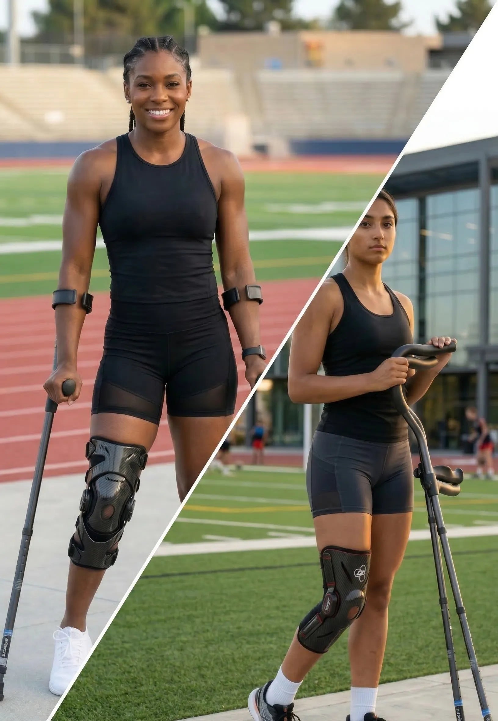 Athletes with crutches and knee braces on track