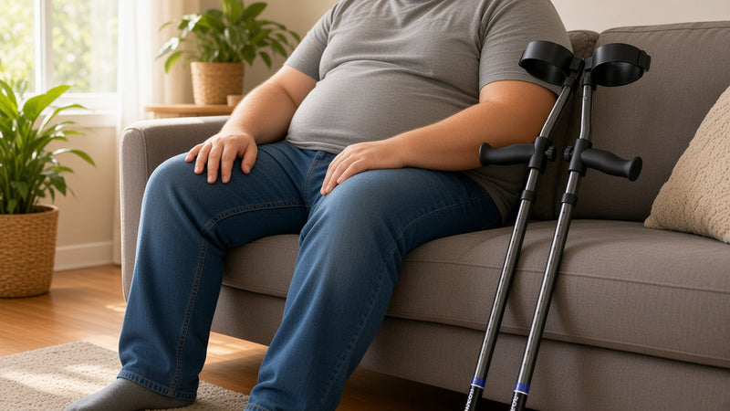 Man seated on a sofa with in-Motion forearm crutches leaning beside him (AI-generated image)