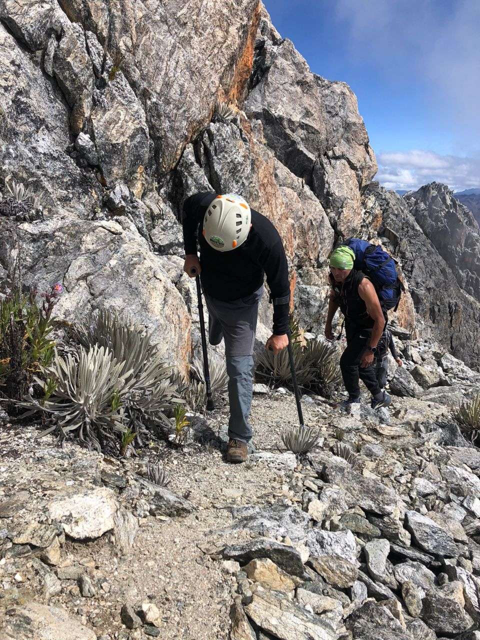 Hikers ascend rocky mountain trail, using trekking poles.