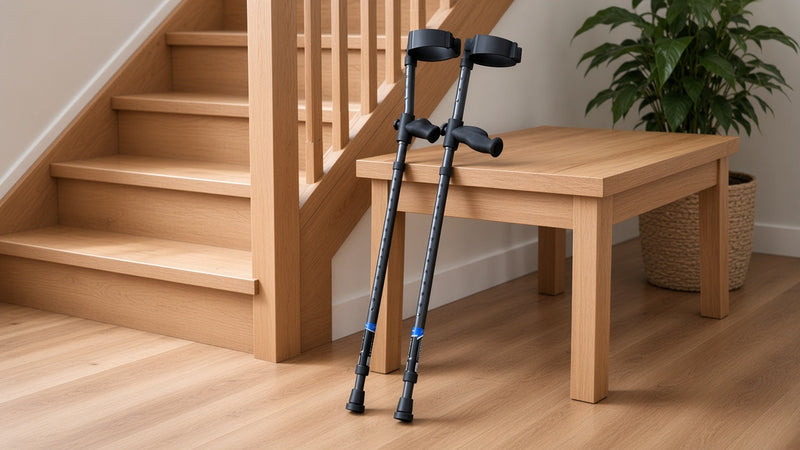 Tall in-Motion Pro forearm crutches leaning by a wooden entry bench near stairs (AI-generated image)