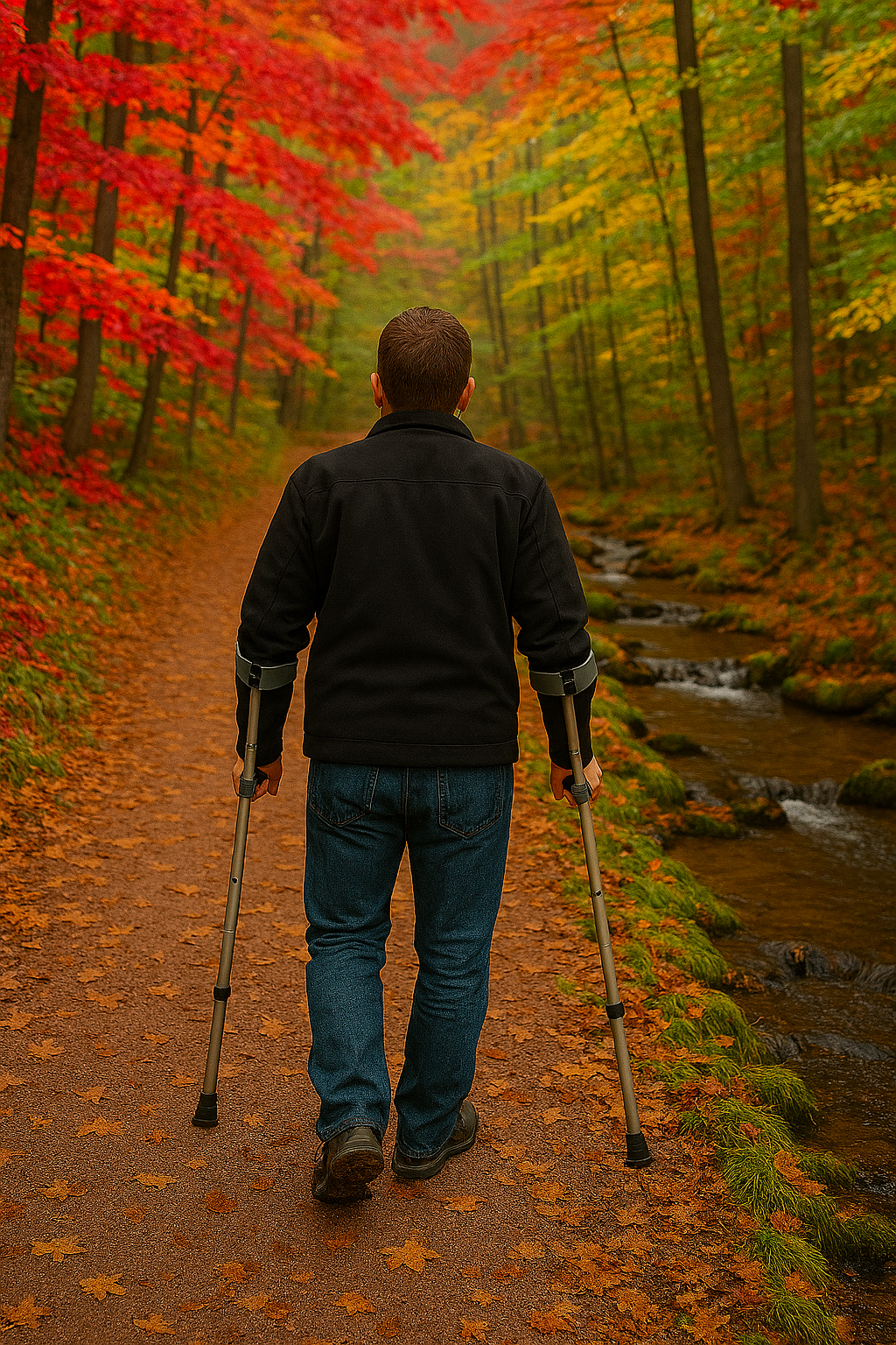Person on crutches walks through autumn forest path.