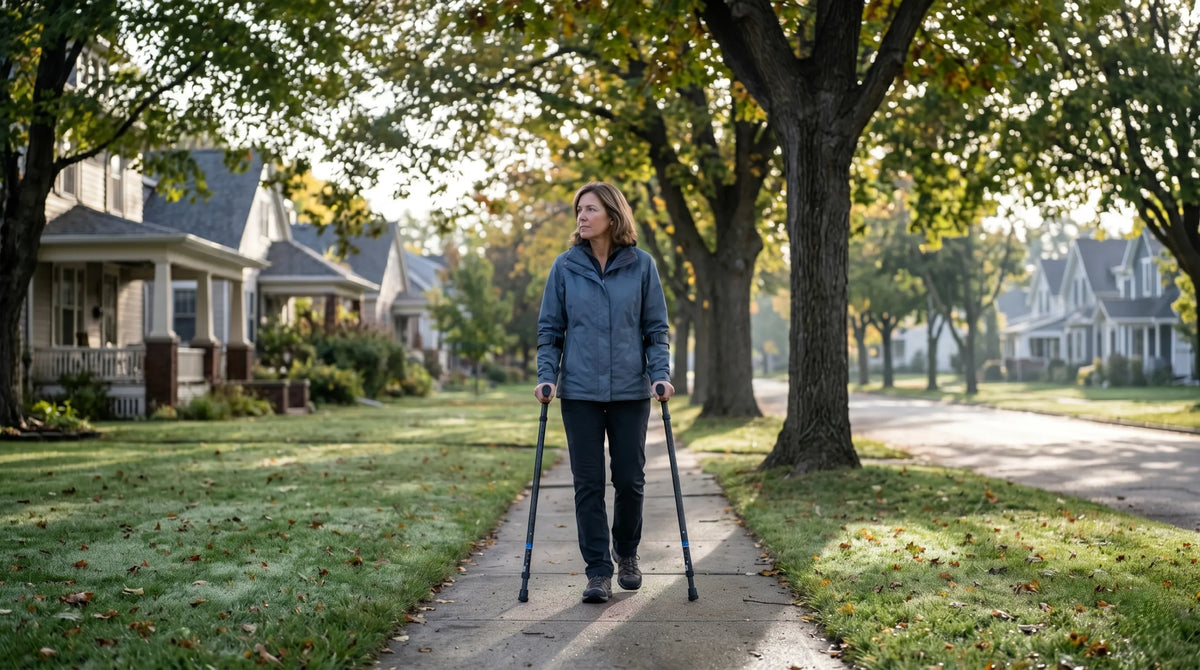 Person with multiple sclerosis using ergonomic forearm crutches on a tree-lined path in cool morning light
