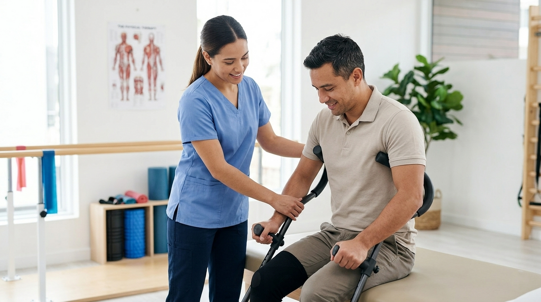 Physical therapist assisting a patient with in-Motion underarm crutches.