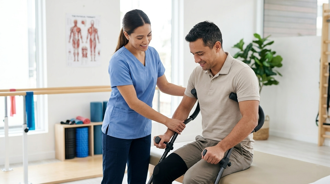 Physical therapist assisting a patient with in-Motion underarm crutches.