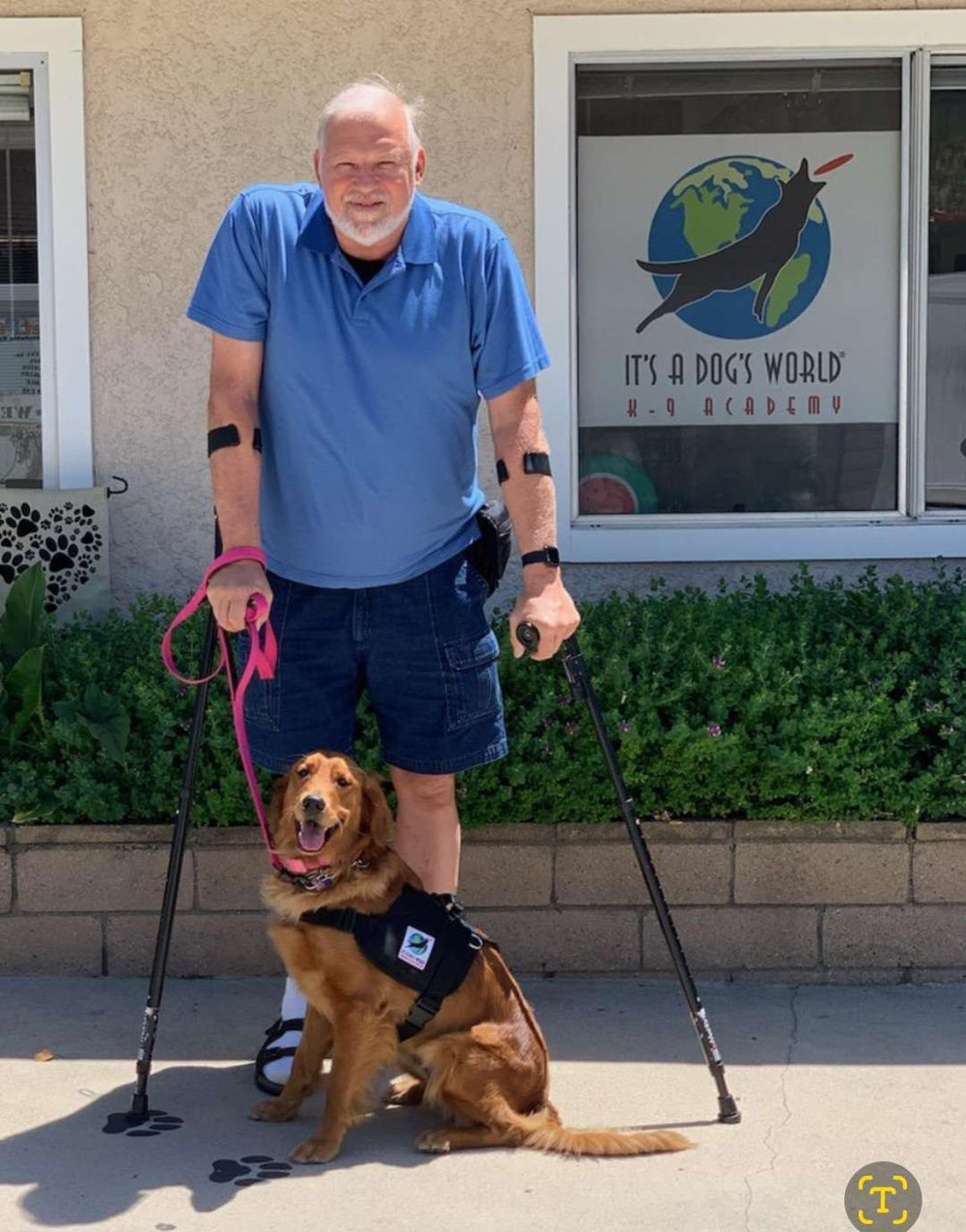 Man with crutches and support dog outside training academy.
