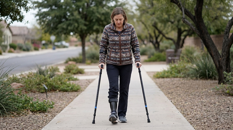 crutches with neuropathy and foot drop in motion forearm
