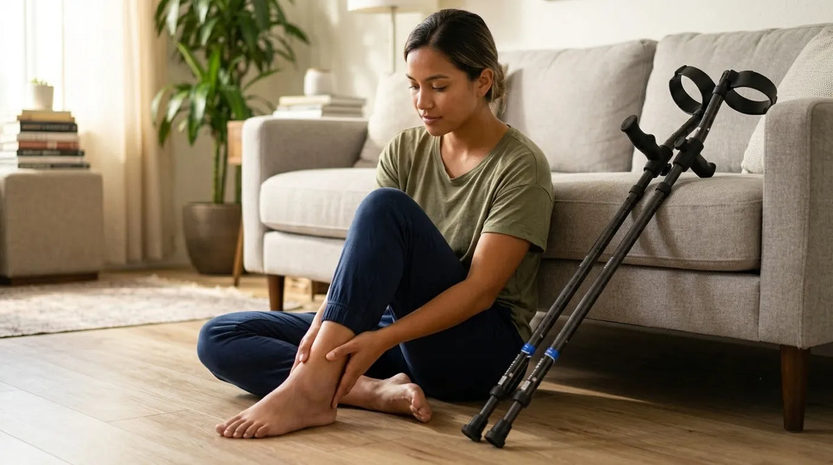 Woman holding injured ankle beside crutches