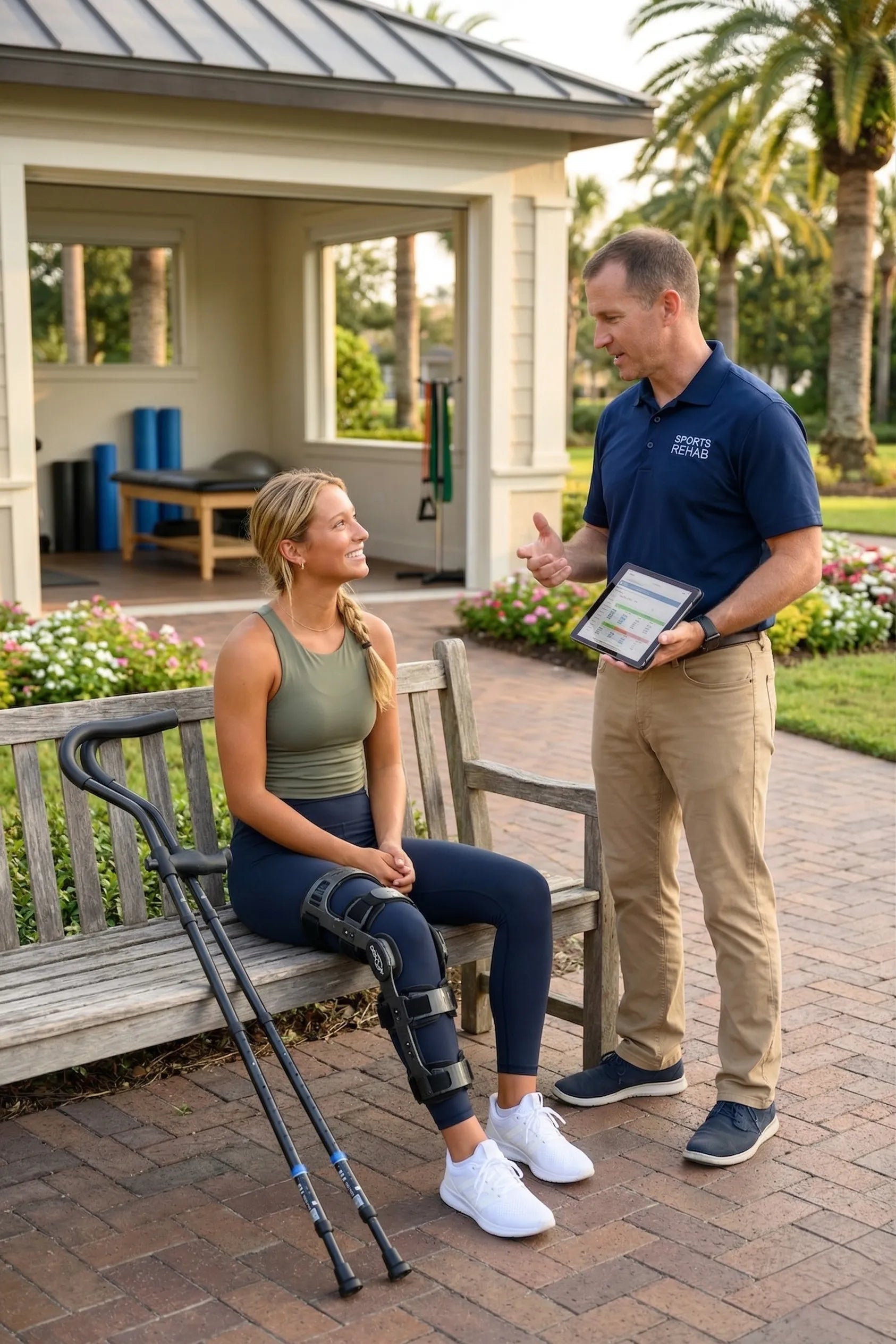 Woman in leg brace with therapist outdoors