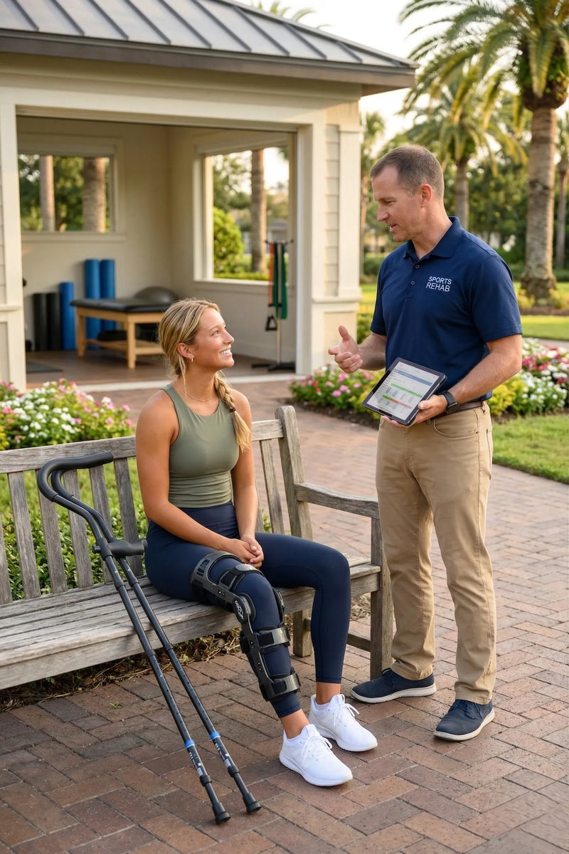 Woman in leg brace with therapist outdoors