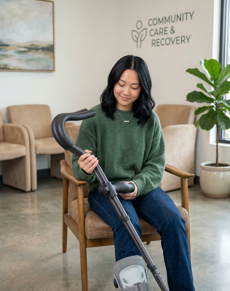 Woman with crutch in recovery center