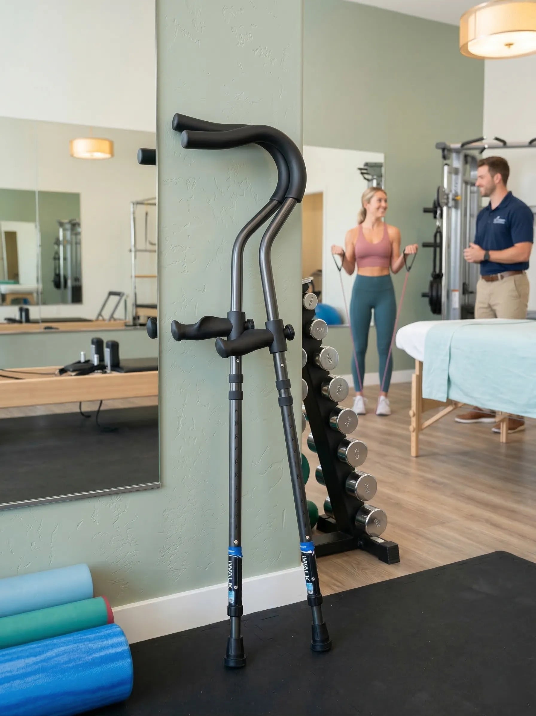 Gym equipment and two people exercising