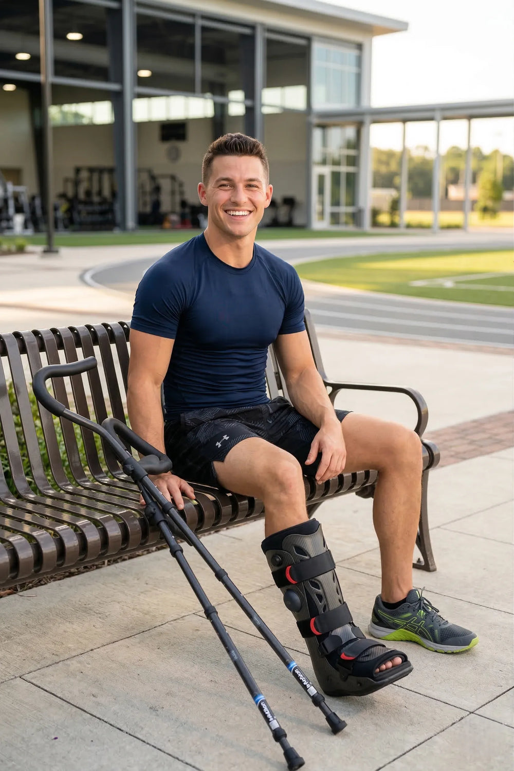 Patient using ergonomic crutches and a walking boot during foot and ankle surgery recovery