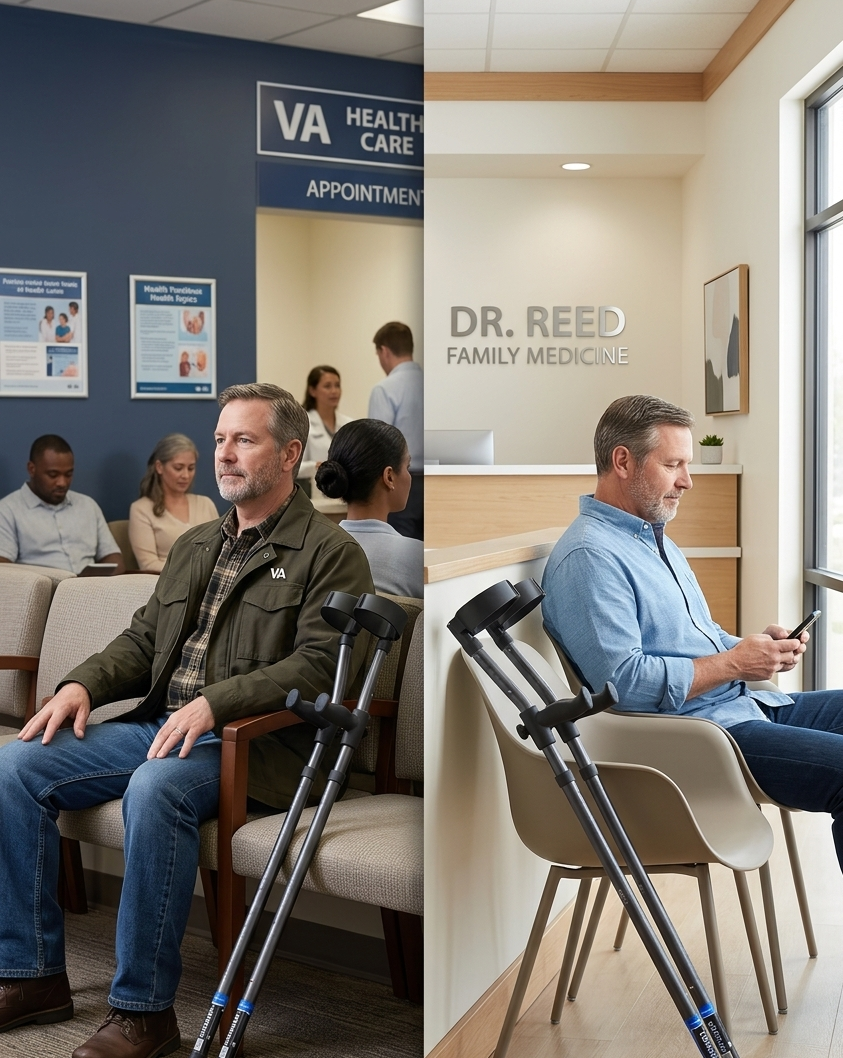 Man at doctors office with in motion forearm crutches