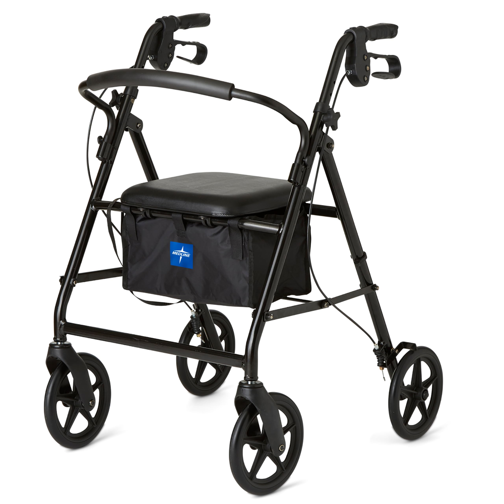Black four-wheeled rollator with seat and storage.