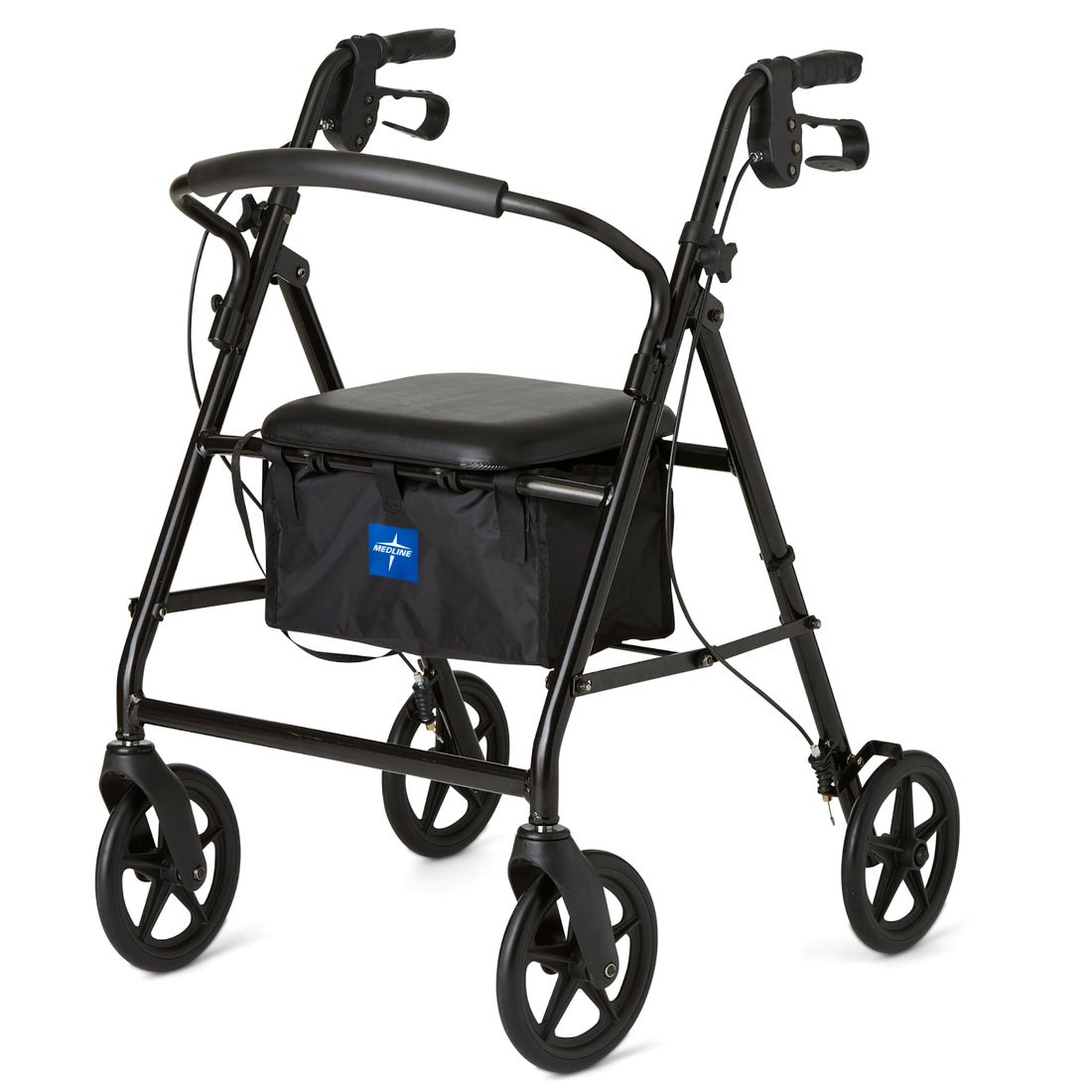 Black four-wheeled rollator with seat and storage.