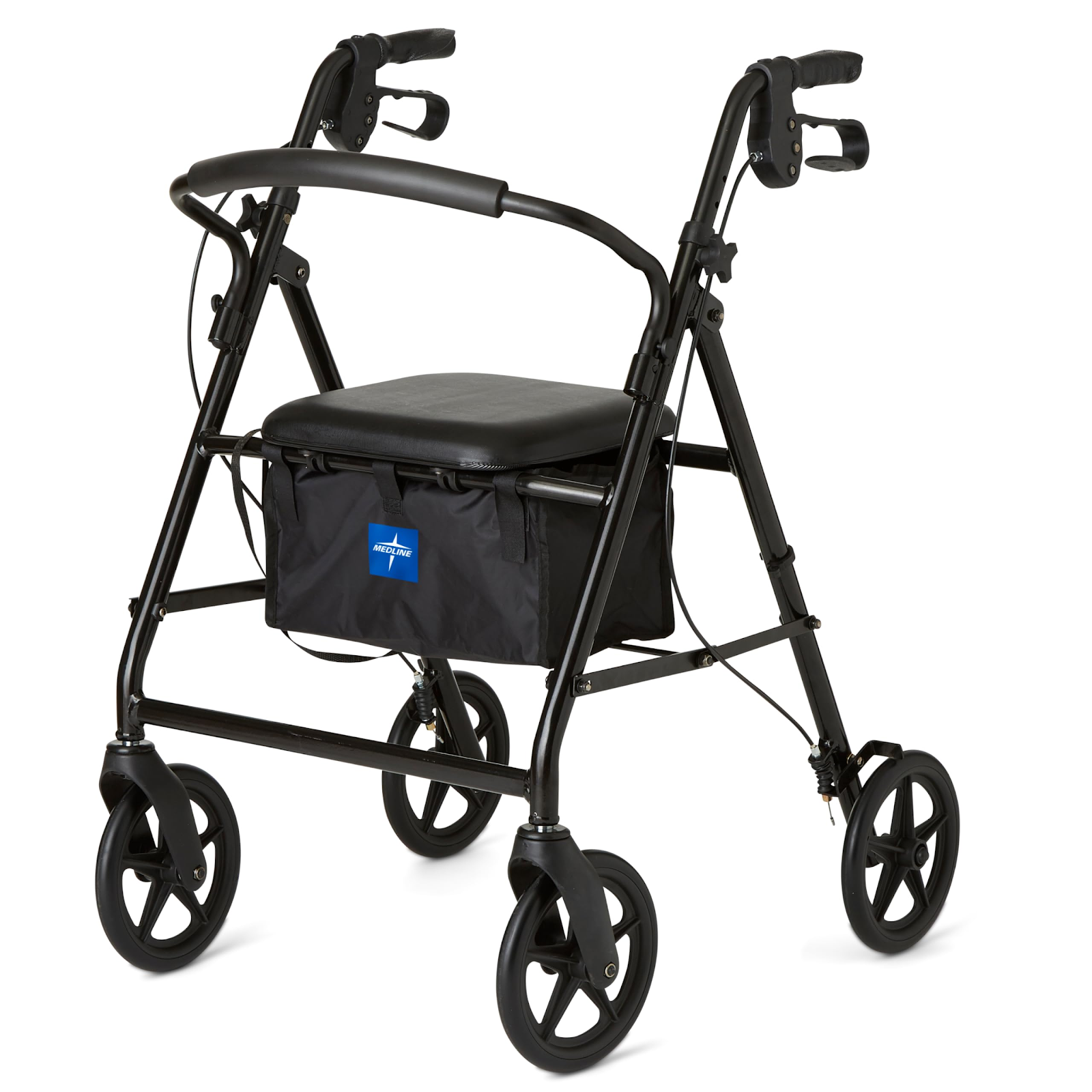 Black four-wheeled rollator with seat and storage.