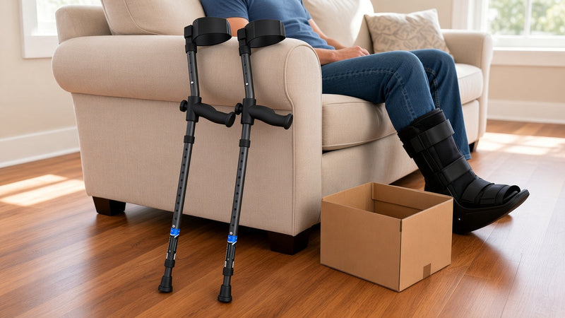 Person seated on a sofa in a walking boot beside an open shipping box, with in-Motion forearm crutches leaning on the sofa arm (AI-generated image)
