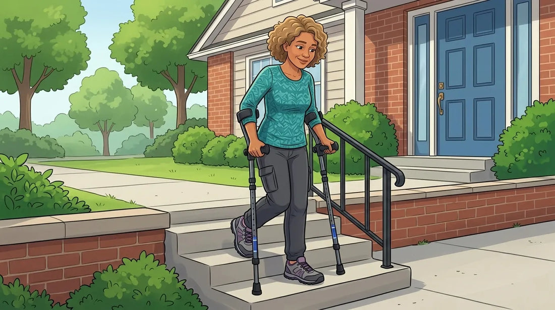 woman going down stairs in motion forearm crutches