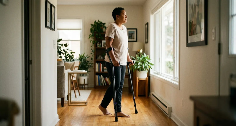 woman on in motion forearm crutches hsa and fsa funds