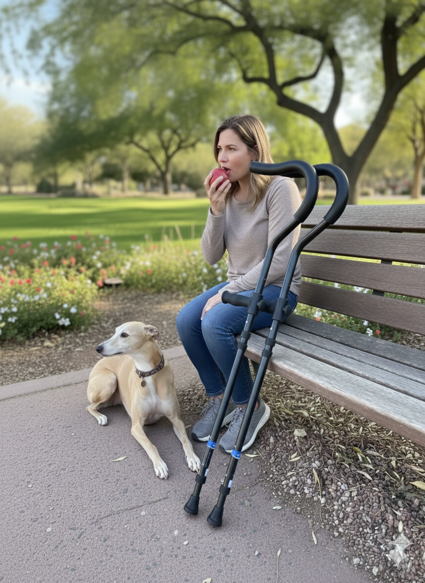 Woman eating apple with crutches and dog nearby.