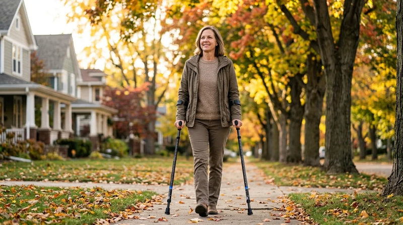 woman with fnd walking on in motion forearm crutches
