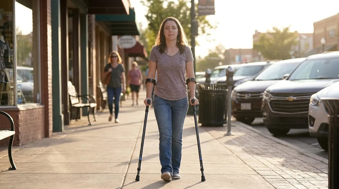 Young adult with cerebral palsy using ergonomic forearm crutches on a sunlit sidewalk, walking idependently