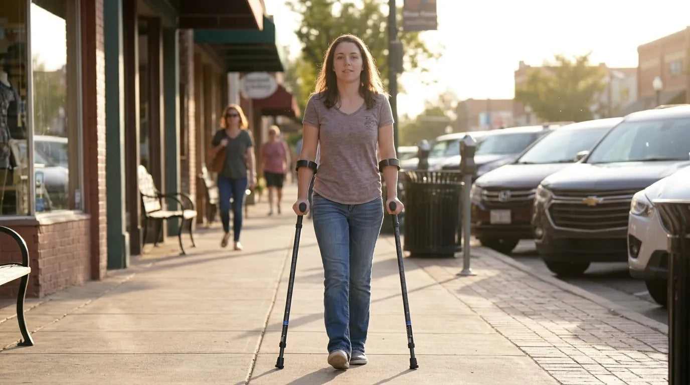 Young adult with cerebral palsy using ergonomic forearm crutches on a sunlit sidewalk, walking idependently