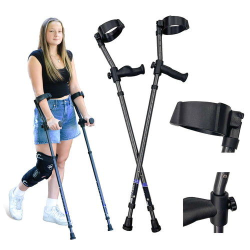 Woman with a knee brace using in-Motion Pro forearm crutches