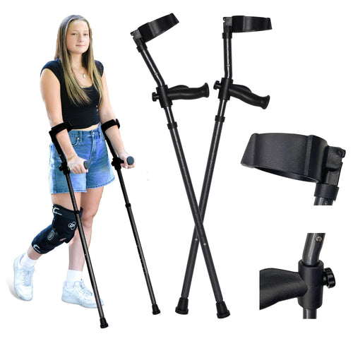 Woman with a knee brace using in-Motion Pro rigid-post forearm crutches