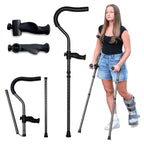 Woman with a walking boot using in-Motion Pro underarm crutches, assembly shown
