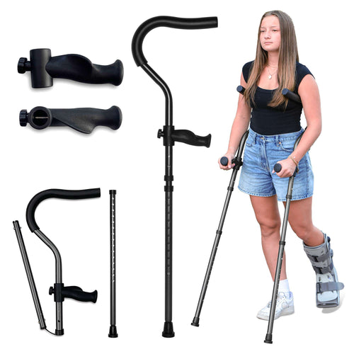 Woman with a walking boot using in-Motion Pro underarm crutches, assembly shown