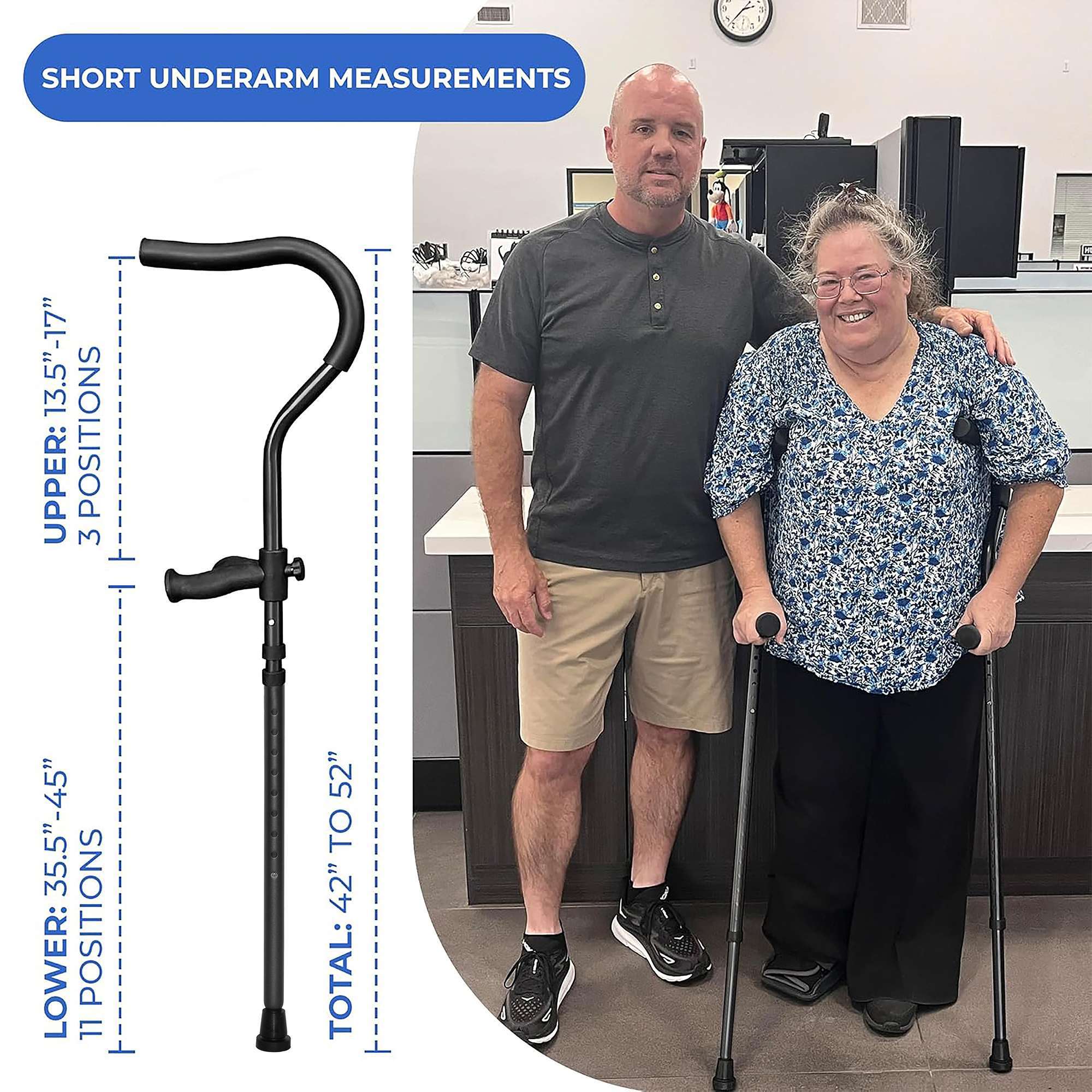 in-Motion Pro underarm crutch sizing chart for men and women